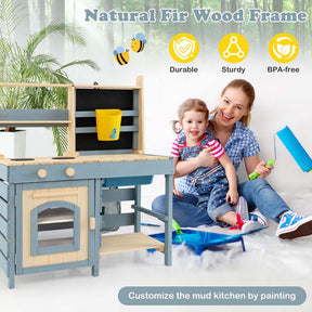 2-In-1 Kids Outdoor Mud Kitchen, Fir Wood Double Sided Kitchen Playset & Grocery Store with Faucet, Removable Sink, Blackboard, Storage Bag & Basket