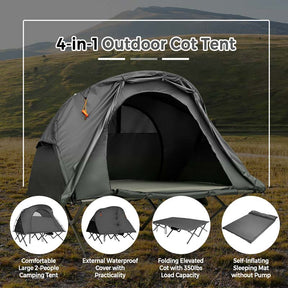 2-Person Folding Camping Tent Cot, 4-in-1 Elevated Off-Ground Tent with Mattress, Cover & Carrying Roller Bag for Hiking & Traveling