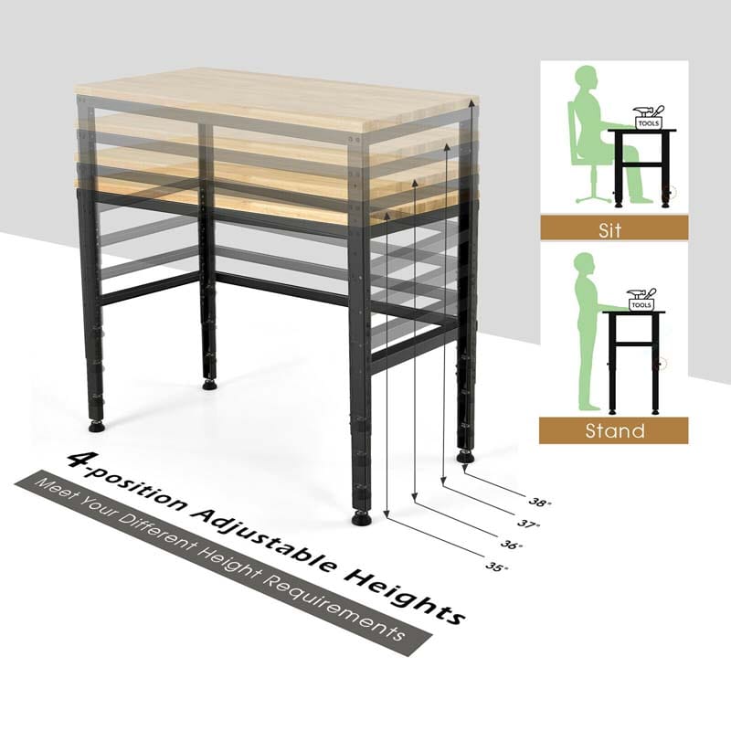 48" Adjustable Workbench Oak Wood Work Table 1760 LBS Heavy-Duty Workstation for Garage Workshop