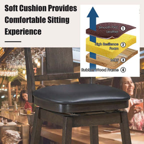 24"/29" Classic Wooden Swivel Bar Stool Leather Padded Bar Height Chair with Slat Back & Rubber Wood Legs