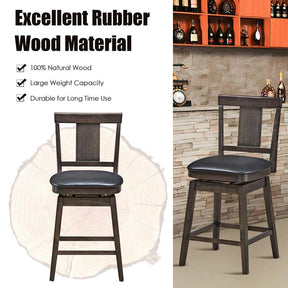 24"/29" Classic Wooden Swivel Bar Stool Leather Padded Bar Height Chair with Slat Back & Rubber Wood Legs