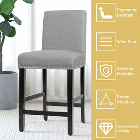 25" Linen Fabric Bar Stools Set of 2, Upholstered Counter Height Dining Chairs for Kitchen Island Pub Bistro