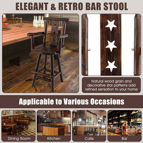 29" Rustic Swivel Bar Stool with Decorative Star Backrest, Solid Fir Wood Bar Chair for Dining Room Kitchen Pub