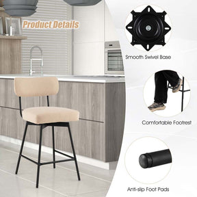 Swivel Bar Stools Set of 2, 25" Upholstered Counter Height Bar Chairs with Back, Footrest & Metal Legs for Kitchen Island, Dining Room, Bar