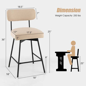 Swivel Bar Stools Set of 2, 25" Upholstered Counter Height Bar Chairs with Back, Footrest & Metal Legs for Kitchen Island, Dining Room, Bar