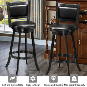 29" Wood Swivel Bar Stools Set of 2 with Back, PVC Leather Cushion Seat, Upholstered Bar Height Dining Chairs for Kitchen Island Living Room