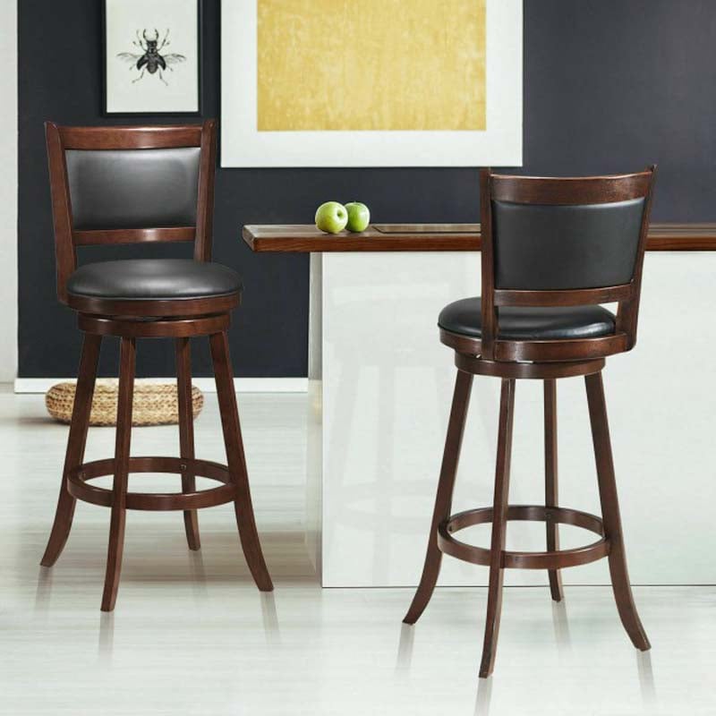 29" Wood Swivel Bar Stools Set of 2 with Back, PVC Leather Cushion Seat, Upholstered Bar Height Dining Chairs for Kitchen Island Living Room