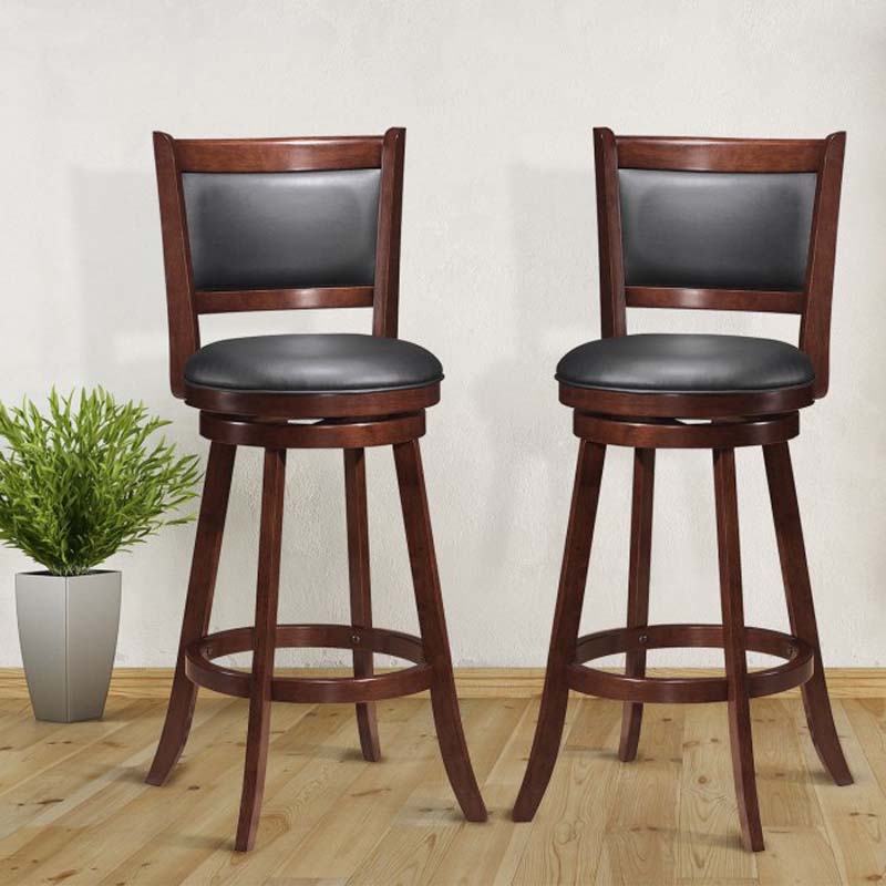 29" Wood Swivel Bar Stools Set of 2 with Back, PVC Leather Cushion Seat, Upholstered Bar Height Dining Chairs for Kitchen Island Living Room