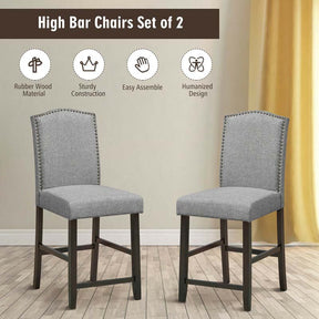 24" Fabric Upholstered Bar Stools Set of 2, Nail Head High Back Counter Height Dining Chairs for Kitchen Island Pub