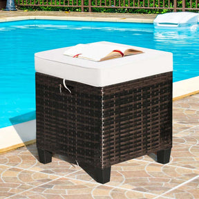 2 Pcs Rattan Patio Ottoman Set with Removable Cushions, All Weather Wicker Outdoor Footstool Footrest Seat