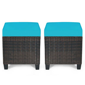 2 Pcs Rattan Patio Ottoman Set with Removable Cushions, All Weather Wicker Outdoor Footstool Footrest Seat
