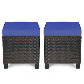 2 Pcs Rattan Patio Ottoman Set with Removable Cushions, All Weather Wicker Outdoor Footstool Footrest Seat