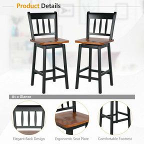 Set of 2 Swivel Bar Stools, 24.5" Solid Rubber Wood Counter Height Bar Chairs with Back & Footrest for Kitchen Island, Home Pub