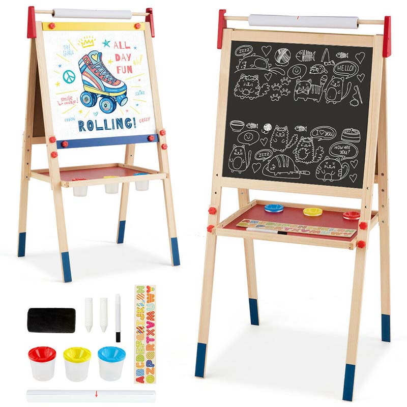 3-in-1 Wooden Kid's Art Easel, Height Adjustable Double Sided Drawing Easel with Magnetic Chalkboard, Whiteboard & Paper Roll for Toddlers