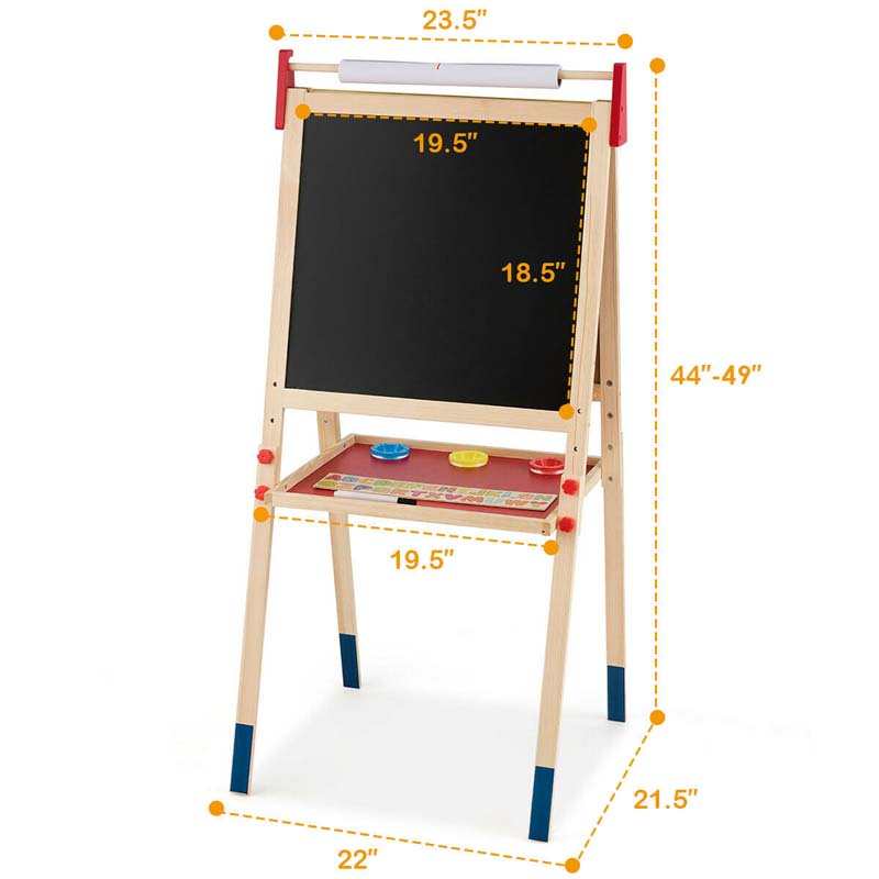 3-in-1 Wooden Kid's Art Easel, Height Adjustable Double Sided Drawing Easel with Magnetic Chalkboard, Whiteboard & Paper Roll for Toddlers