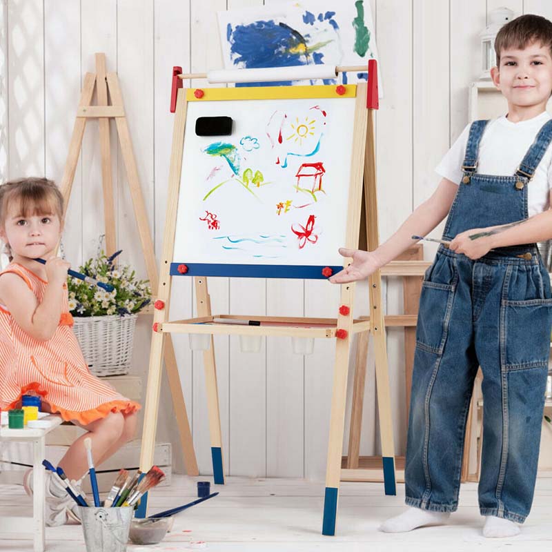 3-in-1 Wooden Kid's Art Easel, Height Adjustable Double Sided Drawing Easel with Magnetic Chalkboard, Whiteboard & Paper Roll for Toddlers