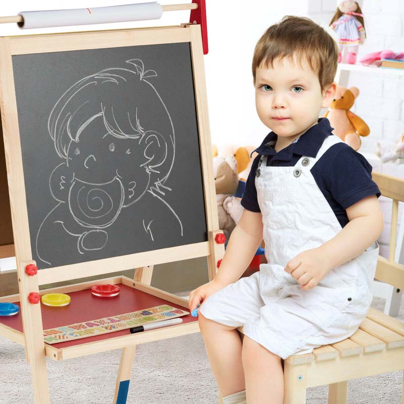 3-in-1 Wooden Kid's Art Easel, Height Adjustable Double Sided Drawing Easel with Magnetic Chalkboard, Whiteboard & Paper Roll for Toddlers