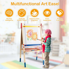 3-in-1 Wooden Kid's Art Easel, Height Adjustable Double Sided Drawing Easel with Magnetic Chalkboard, Whiteboard & Paper Roll for Toddlers