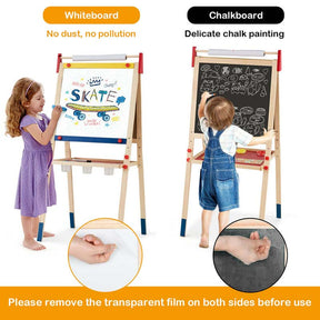 3-in-1 Wooden Kid's Art Easel, Height Adjustable Double Sided Drawing Easel with Magnetic Chalkboard, Whiteboard & Paper Roll for Toddlers