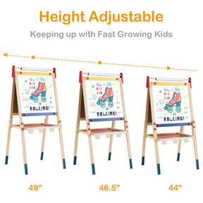 3-in-1 Wooden Kid's Art Easel, Height Adjustable Double Sided Drawing Easel with Magnetic Chalkboard, Whiteboard & Paper Roll for Toddlers