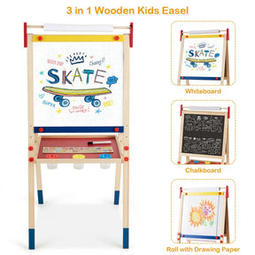 3-in-1 Wooden Kid's Art Easel, Height Adjustable Double Sided Drawing Easel with Magnetic Chalkboard, Whiteboard & Paper Roll for Toddlers