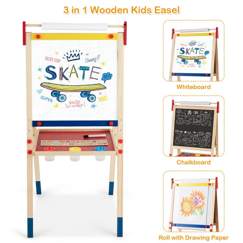 3-in-1 Wooden Kid's Art Easel, Height Adjustable Double Sided Drawing Easel with Magnetic Chalkboard, Whiteboard & Paper Roll for Toddlers