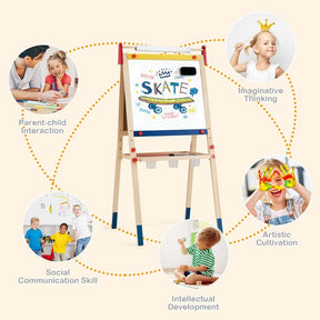 3-in-1 Wooden Kid's Art Easel, Height Adjustable Double Sided Drawing Easel with Magnetic Chalkboard, Whiteboard & Paper Roll for Toddlers