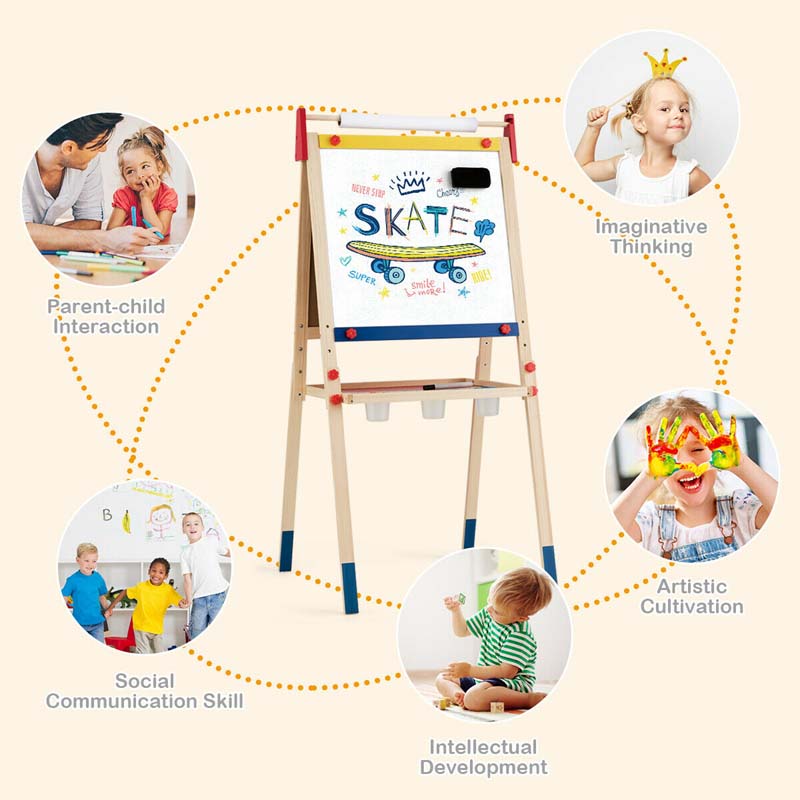 3-in-1 Wooden Kid's Art Easel, Height Adjustable Double Sided Drawing Easel with Magnetic Chalkboard, Whiteboard & Paper Roll for Toddlers