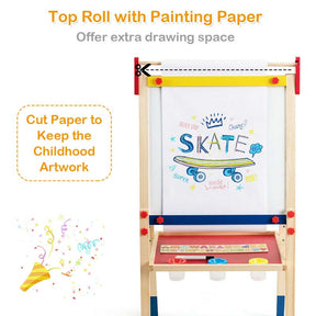 3-in-1 Wooden Kid's Art Easel, Height Adjustable Double Sided Drawing Easel with Magnetic Chalkboard, Whiteboard & Paper Roll for Toddlers