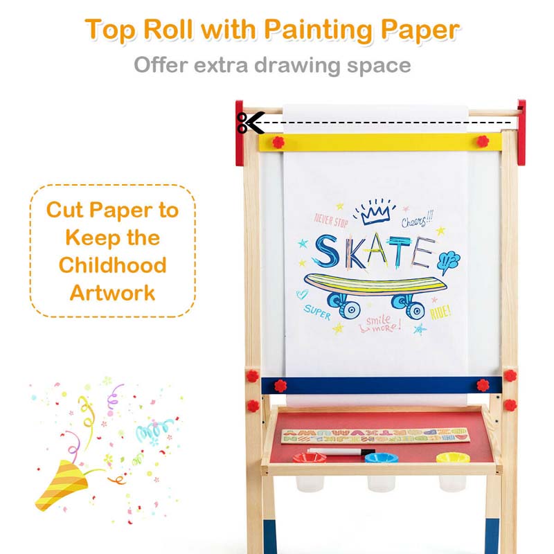 3-in-1 Wooden Kid's Art Easel, Height Adjustable Double Sided Drawing Easel with Magnetic Chalkboard, Whiteboard & Paper Roll for Toddlers