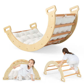 3-in-1 Kids Climber Ladder & Rocker Board with Cushion Pad, Wooden Ladder Arch Climbing Toy for Toddlers