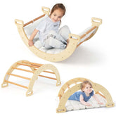 3-in-1 Kids Climber Ladder & Rocker Board with Cushion Pad, Wooden Ladder Arch Climbing Toy for Toddlers