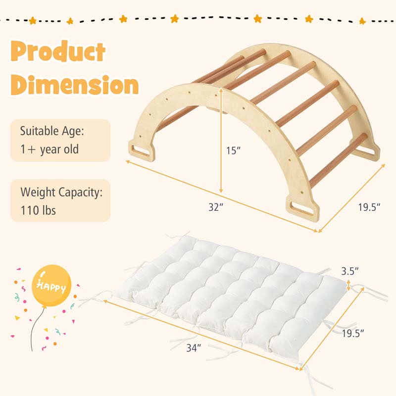 3-in-1 Kids Climber Ladder & Rocker Board with Cushion Pad, Wooden Ladder Arch Climbing Toy for Toddlers