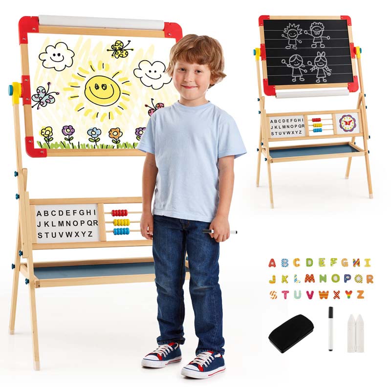 3-in-1 Kids Wooden Art Easel, 360° Rotating Double-Sided Adjustable Drawing Board with Paper Roll, Whiteboard & Chalkboard, Standing Easel for Toddler
