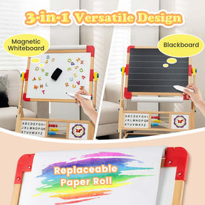 3-in-1 Kids Wooden Art Easel, 360° Rotating Double-Sided Adjustable Drawing Board with Paper Roll, Whiteboard & Chalkboard, Standing Easel for Toddler