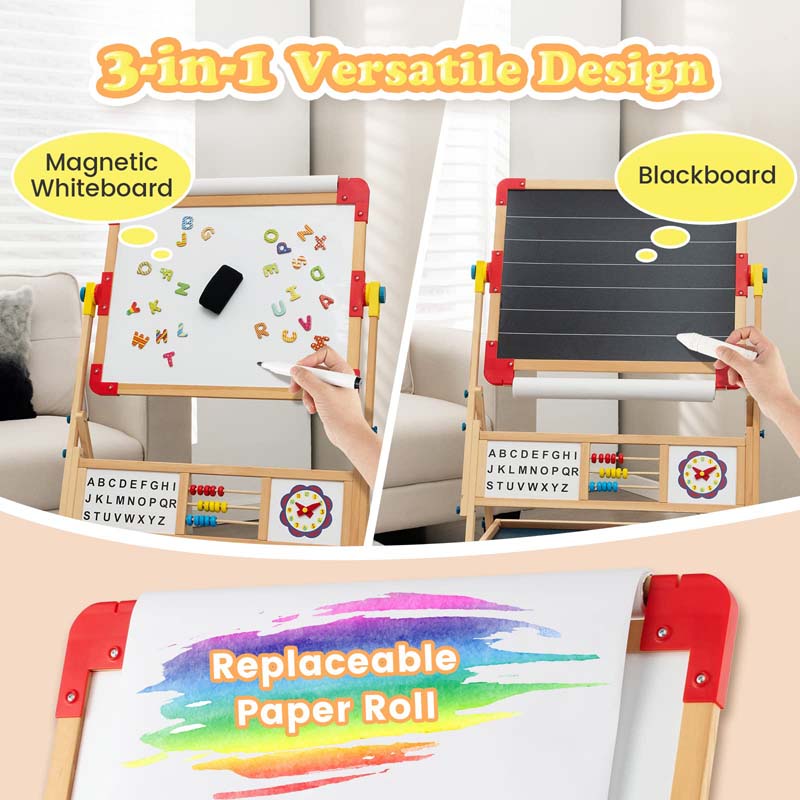 3-in-1 Kids Wooden Art Easel, 360° Rotating Double-Sided Adjustable Drawing Board with Paper Roll, Whiteboard & Chalkboard, Standing Easel for Toddler