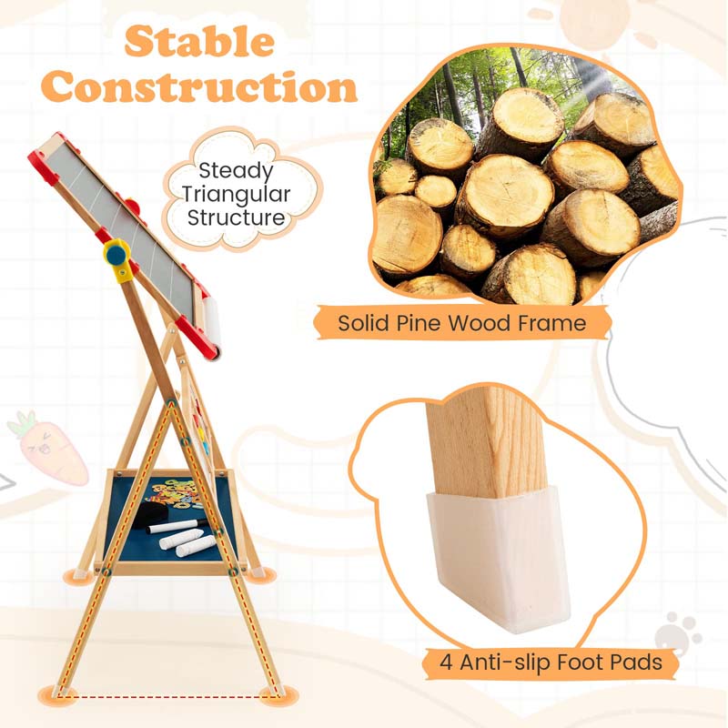 3-in-1 Kids Wooden Art Easel, 360° Rotating Double-Sided Adjustable Drawing Board with Paper Roll, Whiteboard & Chalkboard, Standing Easel for Toddler