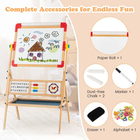 3-in-1 Kids Wooden Art Easel, 360° Rotating Double-Sided Adjustable Drawing Board with Paper Roll, Whiteboard & Chalkboard, Standing Easel for Toddler