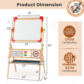 3-in-1 Kids Wooden Art Easel, 360° Rotating Double-Sided Adjustable Drawing Board with Paper Roll, Whiteboard & Chalkboard, Standing Easel for Toddler