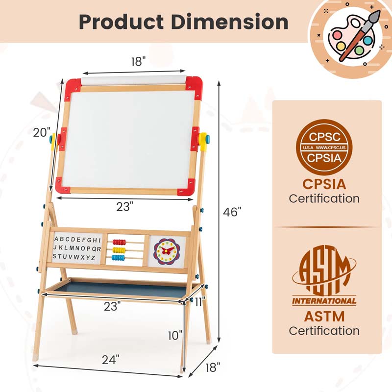 3-in-1 Kids Wooden Art Easel, 360° Rotating Double-Sided Adjustable Drawing Board with Paper Roll, Whiteboard & Chalkboard, Standing Easel for Toddler