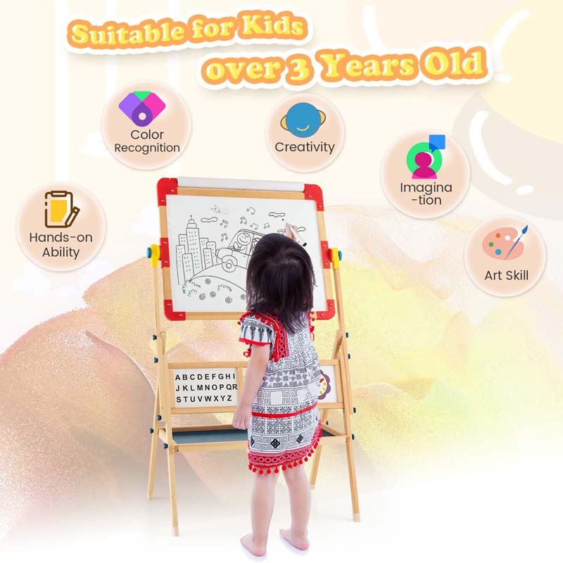 3-in-1 Kids Wooden Art Easel, 360° Rotating Double-Sided Adjustable Drawing Board with Paper Roll, Whiteboard & Chalkboard, Standing Easel for Toddler
