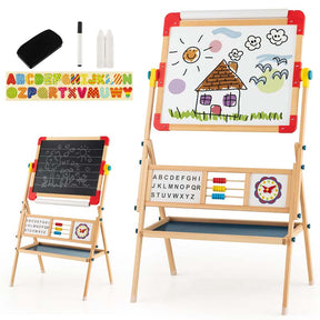 3-in-1 Kids Wooden Art Easel, 360° Rotating Double-Sided Adjustable Drawing Board with Paper Roll, Whiteboard & Chalkboard, Standing Easel for Toddler