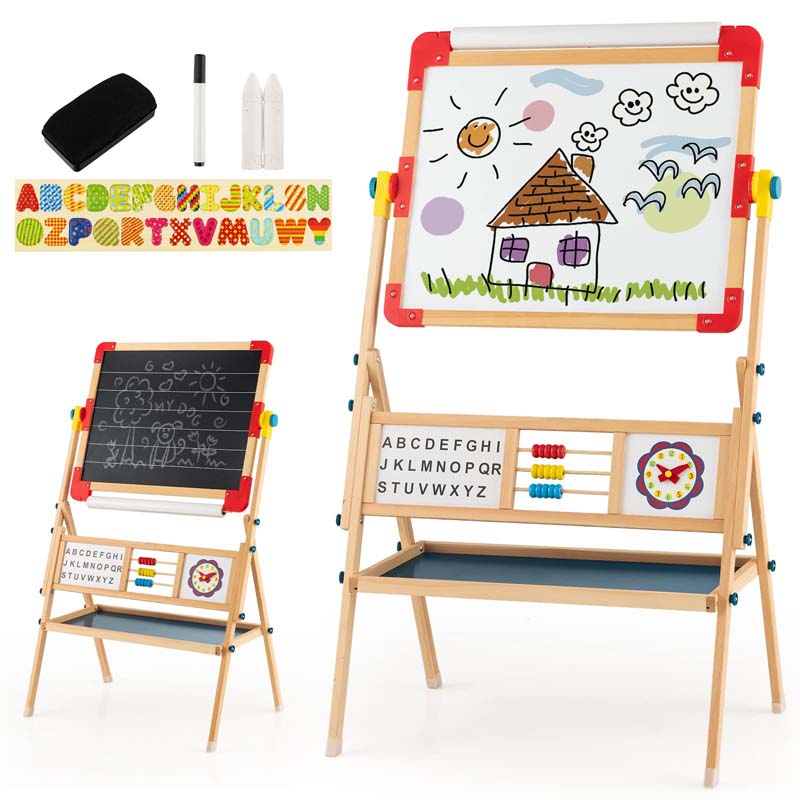 3-in-1 Kids Wooden Art Easel, 360° Rotating Double-Sided Adjustable Drawing Board with Paper Roll, Whiteboard & Chalkboard, Standing Easel for Toddler