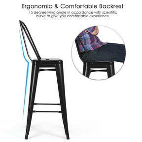 Industrial Stackable Metal Bar Stools Set of 4 with Removable Back & Footrest, 30" High Back Bar Height Chairs for Kitchen Island, Home Pub