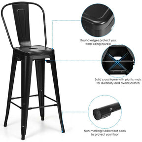 Industrial Stackable Metal Bar Stools Set of 4 with Removable Back & Footrest, 30" High Back Bar Height Chairs for Kitchen Island, Home Pub