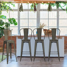 Industrial Stackable Metal Bar Stools Set of 4 with Removable Back & Footrest, 30" High Back Bar Height Chairs for Kitchen Island, Home Pub