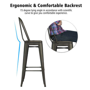 Industrial Stackable Metal Bar Stools Set of 4 with Removable Back & Footrest, 30" High Back Bar Height Chairs for Kitchen Island, Home Pub