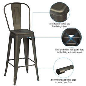 Industrial Stackable Metal Bar Stools Set of 4 with Removable Back & Footrest, 30" High Back Bar Height Chairs for Kitchen Island, Home Pub