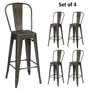 Industrial Stackable Metal Bar Stools Set of 4 with Removable Back & Footrest, 30" High Back Bar Height Chairs for Kitchen Island, Home Pub
