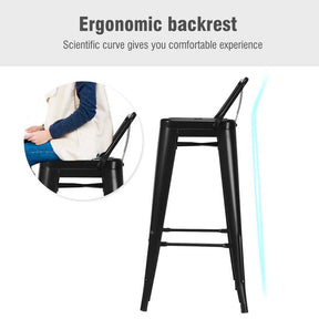 Industrial Stackable Metal Bar Stools Set of 4, 30" Low Back Bar Height Chairs with Removable Back & Footrest for Kitchen Island Indoor Outdoor